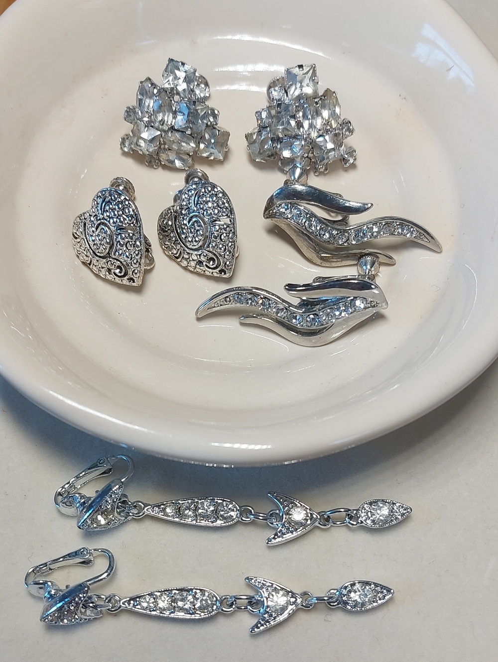 Vintage Silver Tone Rhinestone Clip On Earring Lot 4 Pairs Dangle Heart Cluster